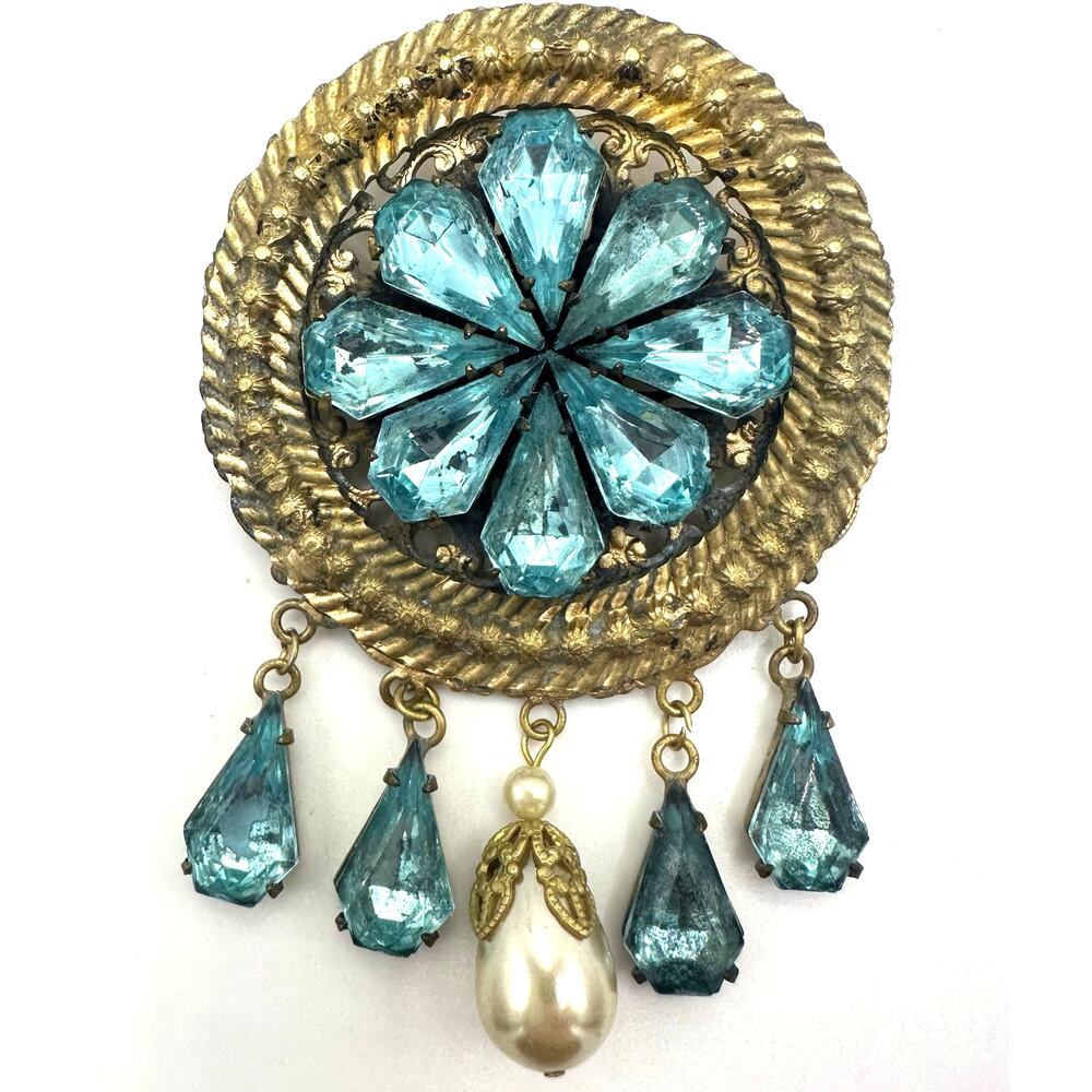 1940s vintage gold tone light blue rhinestones pearl dangling charms brooch